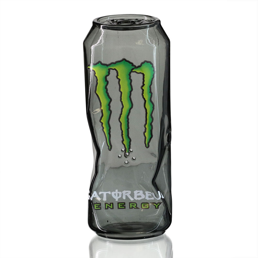 Gatorbeug Monster Can Glass Pipe - 500mL clear glass smoking pipe shaped like an energy drink can with green Monster logo