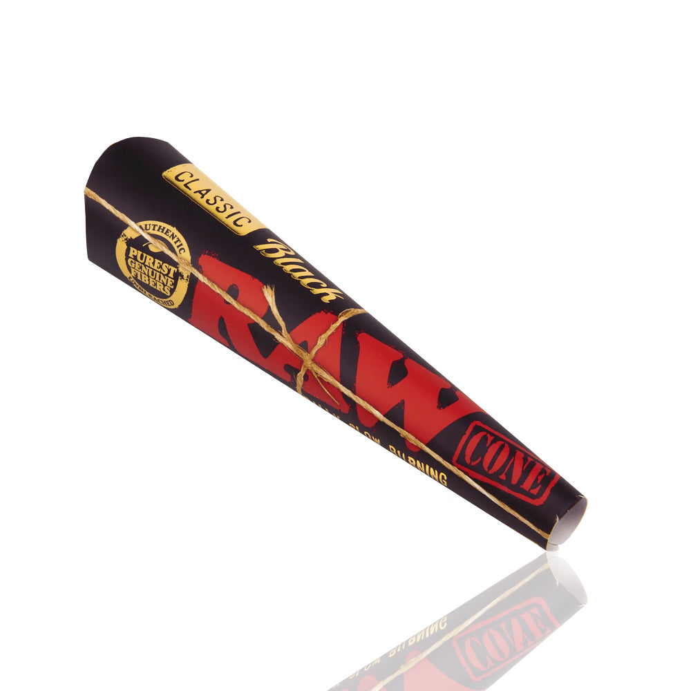 RAW - Black Pre Rolled Cones 1/14 size - 6 Pack leaning
