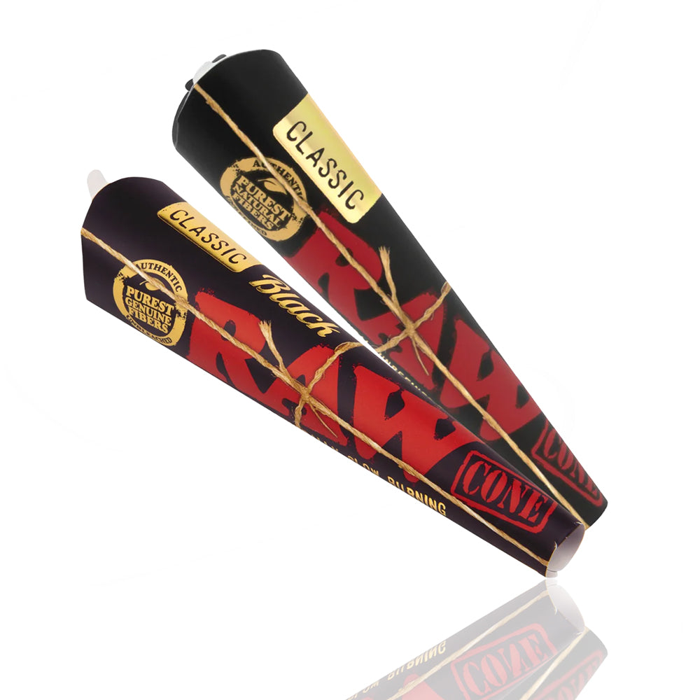 RAW - Black Pre Rolled Cones 1/14 size - 6 Pack leaning twin