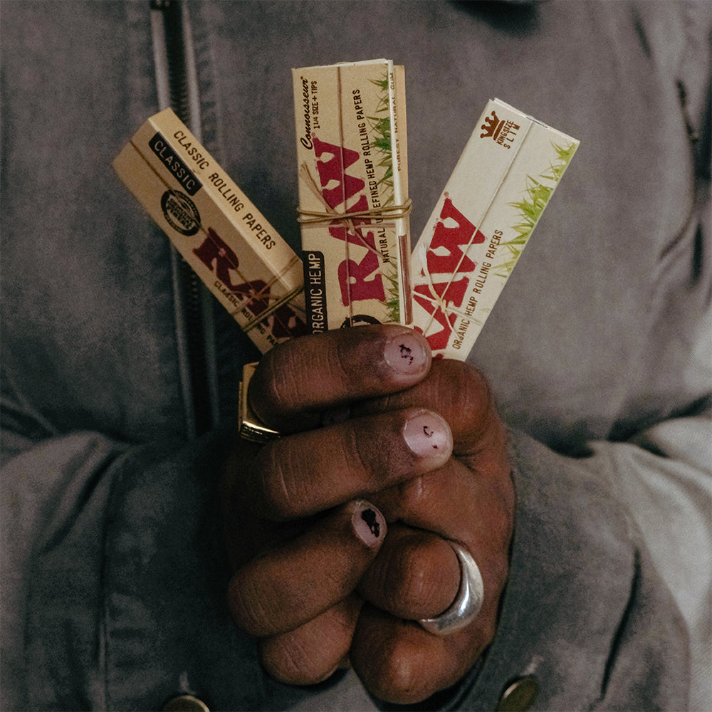 RAW Pre Rolled Cones 1 1/4 Size - 6 Pack held by Model showing type of pre rolled papers