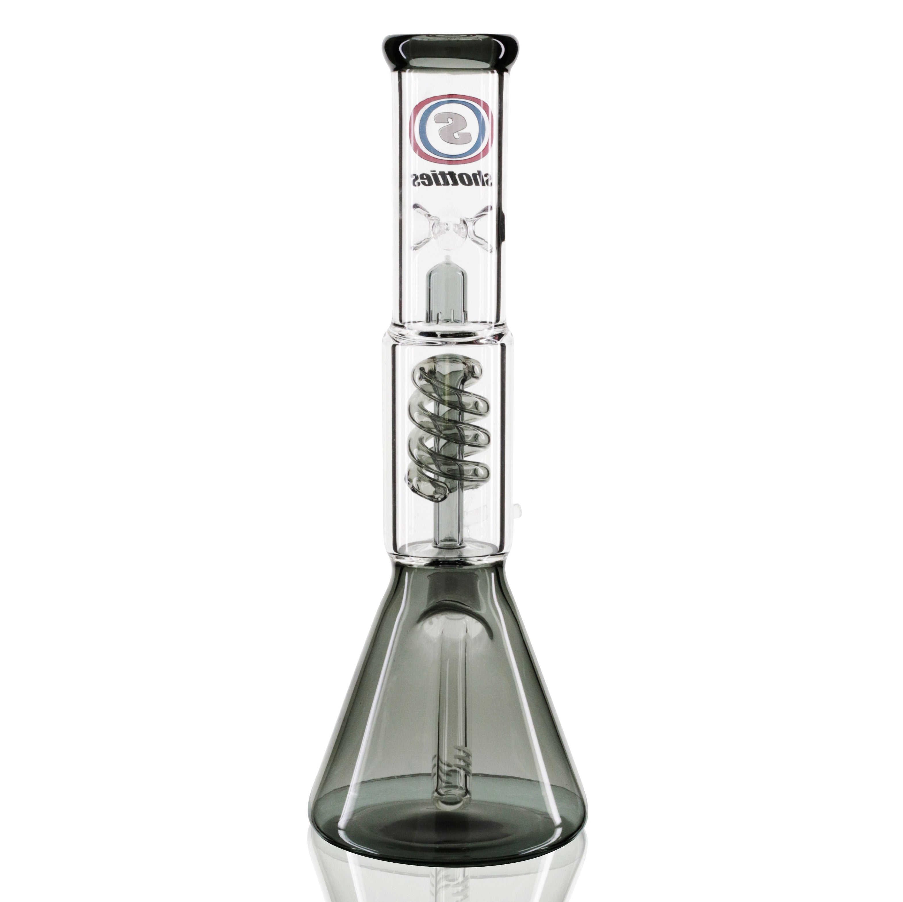 Shotties™ - 30cm Spiral Perk Glass Beaker Bong - Clear/Smoke