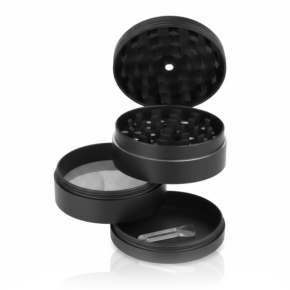 Black round metal weed and herb grinder taken apart with the pollen catcher | Bong Warehouse