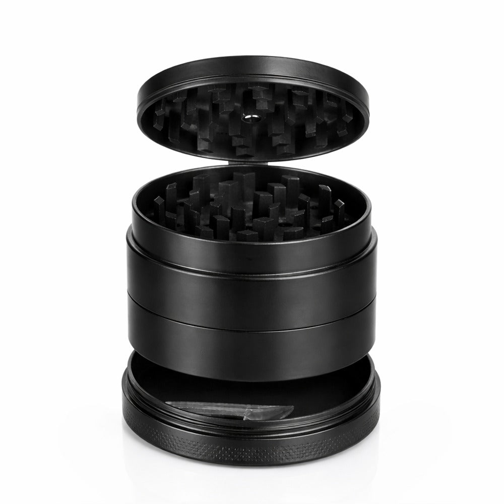 Black round metal weed and herb grinder open to show the grinding teeth and screen | Bong Warehouse
