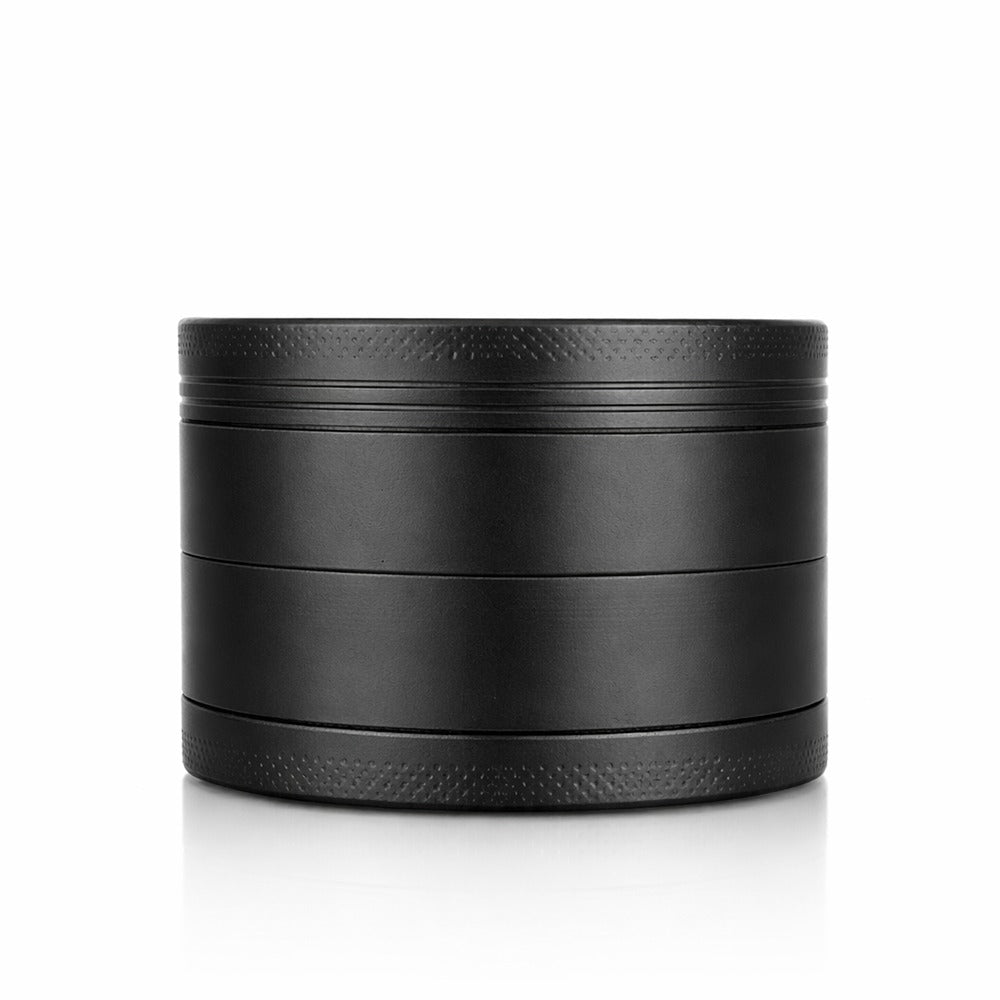 Black round metal weed and herb grinder, front view of the stacked chambers | Bong Warehouse