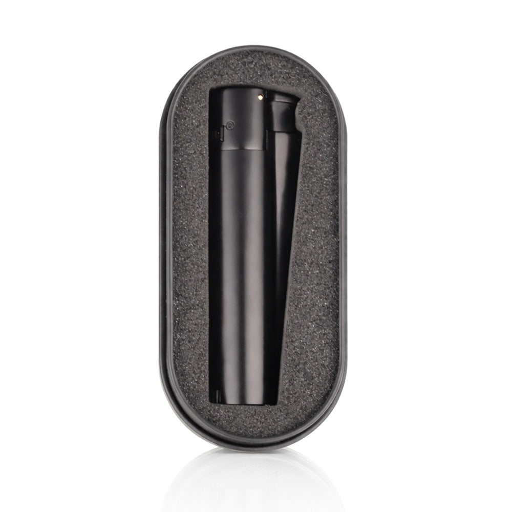 Black cylindrical product in a textured black case on a white background
