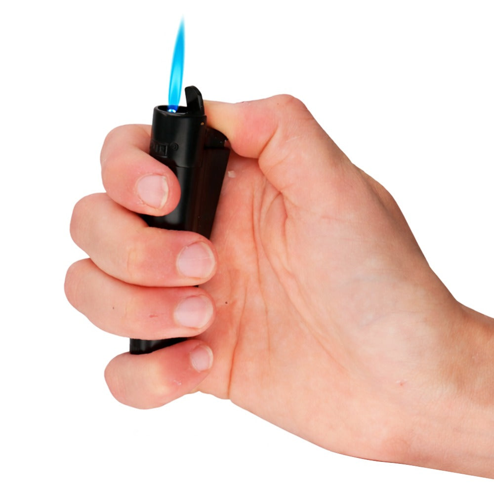 Hand holding a butane lighter with a blue flame on a white background