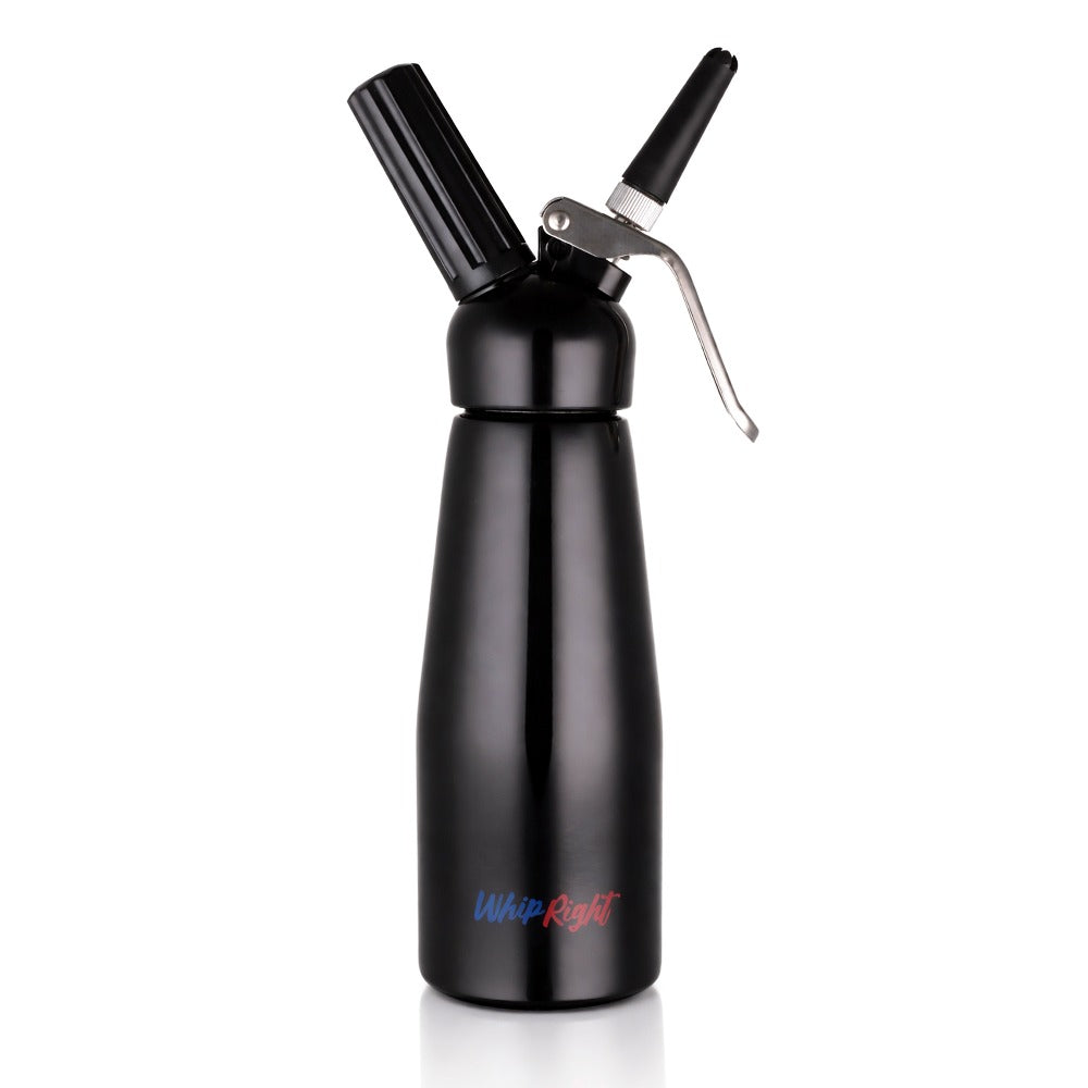 Black whipped cream dispenser with 'Whip Right' branding on a white background