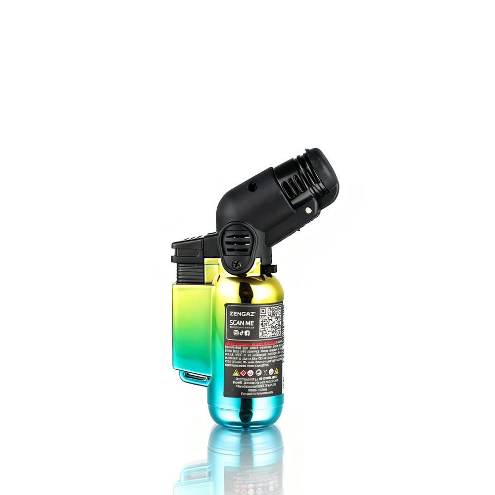 Gradient Zengaz - Angle Torch Lighter - Ombre Blue Gold lighter with black nozzle on a white background