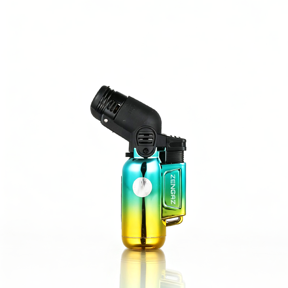Zengaz - Angle Torch Lighter - Ombre Blue Gold with black nozzle on a white background