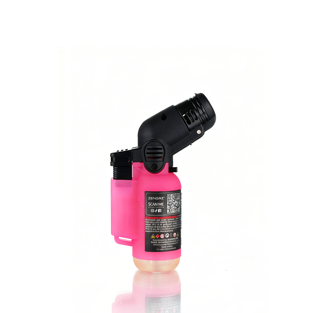 Zengaz - Angle Torch Lighter - Pink lighter with black nozzle on a white background