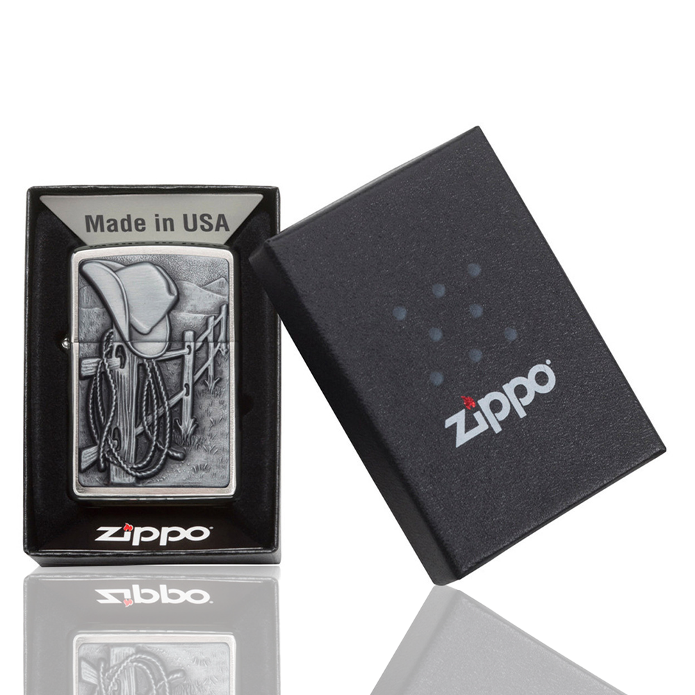 Zippo Lighter - Cowboy - Brushed Chrome box