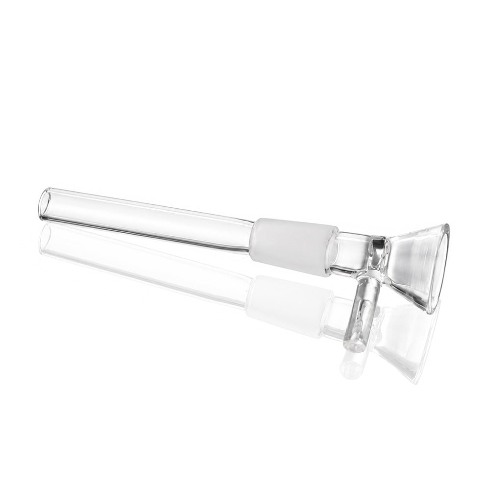 14mm male glass slide for glass bongs, angled view showing the full 85mm downstem length