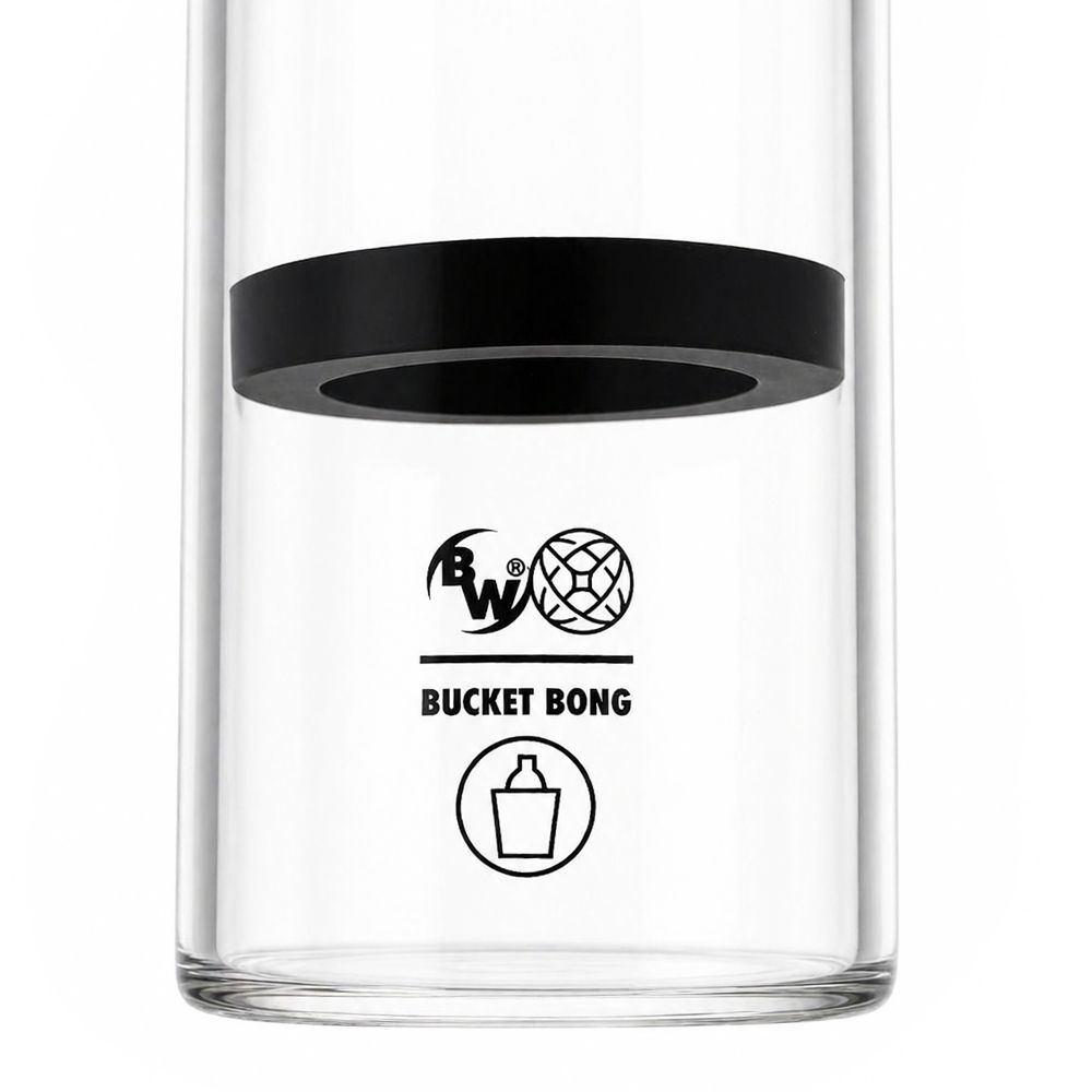 BW Bucket Bong - clear glass gravity bong with black rubber grommet and BW Bucket Bong logo on white background
