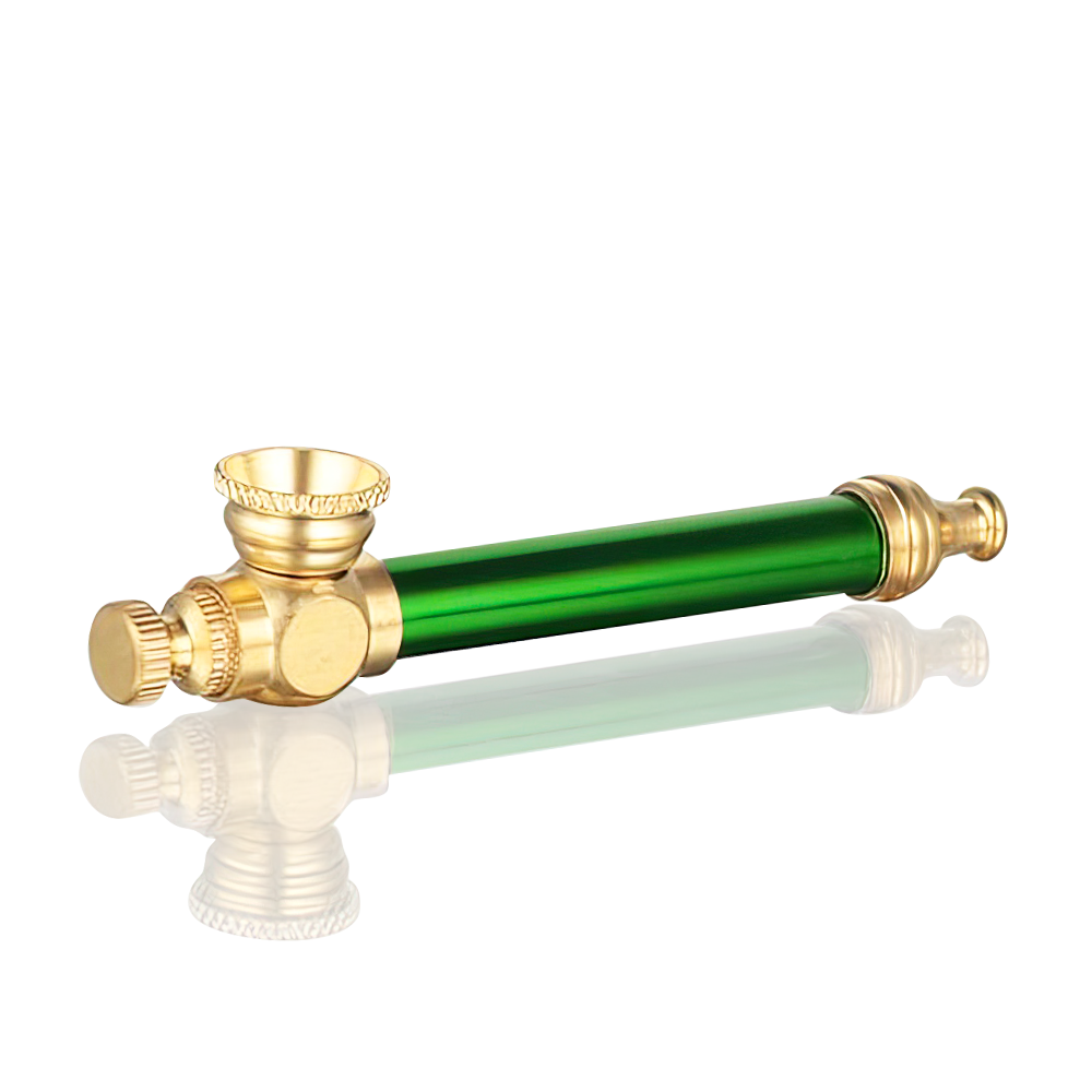 Angled view of Bong Warehouse medium 8.5cm green metal dry pipe