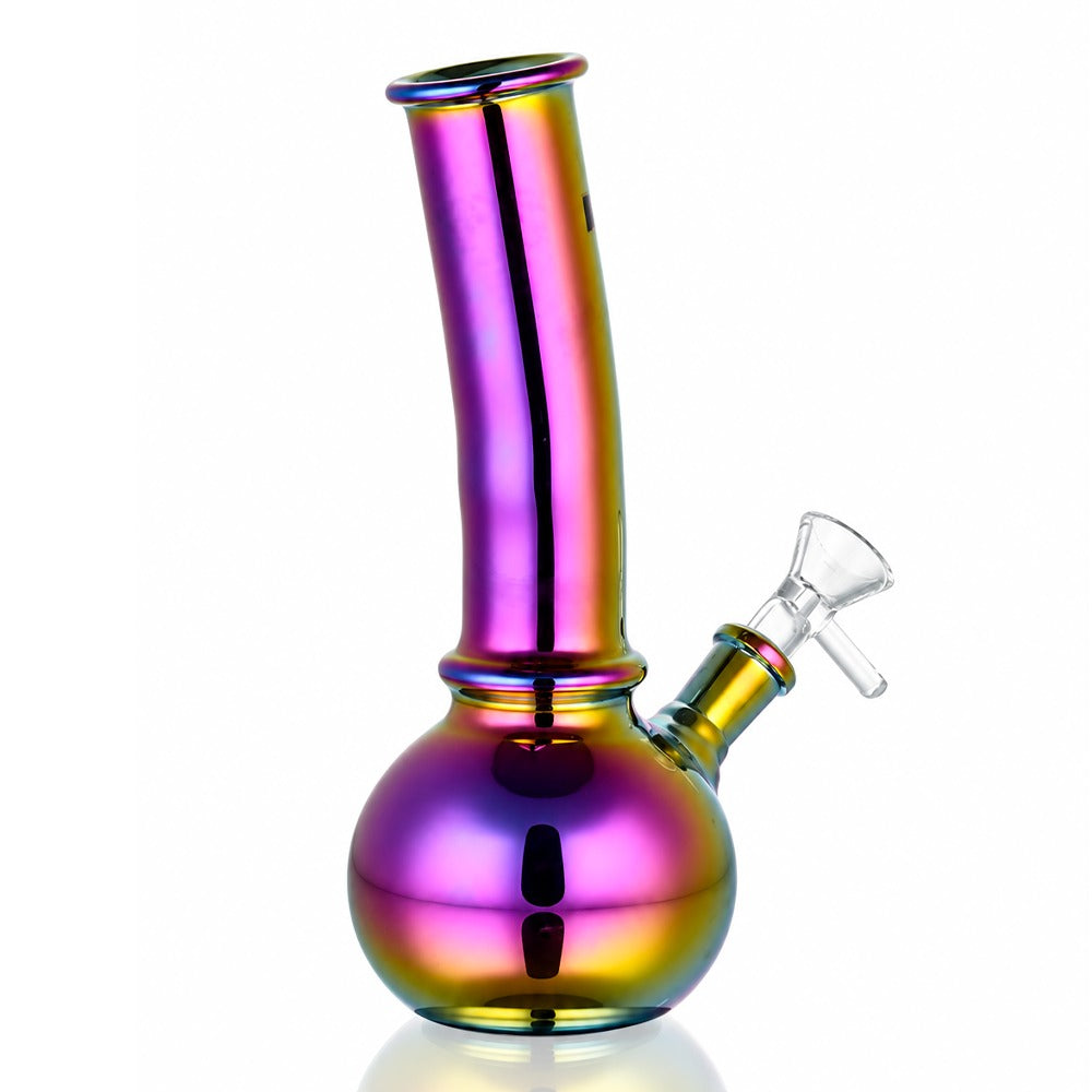 20cm mini bent bubble bong with iridescent purple chrome finish, angled left view