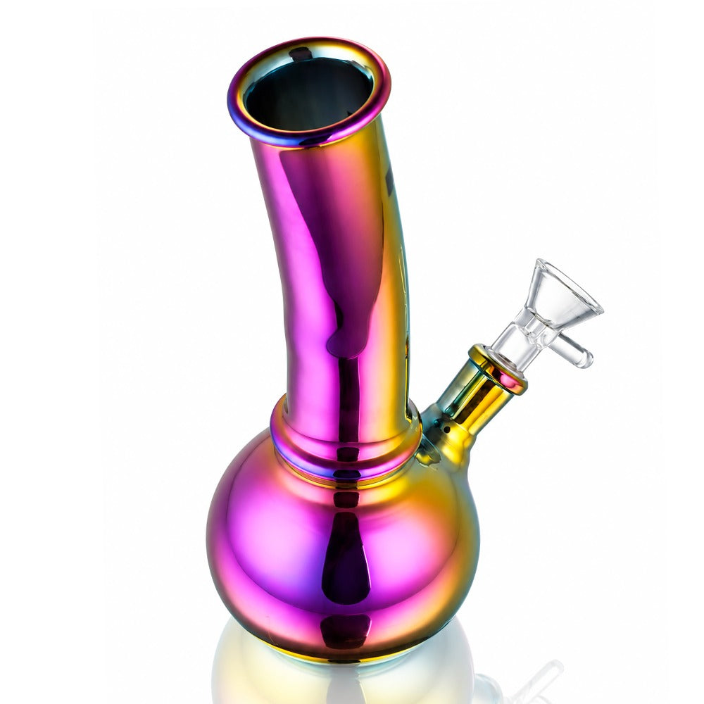 Purple chrome mini bent bubble glass bong, angled right view showing the bubble chamber