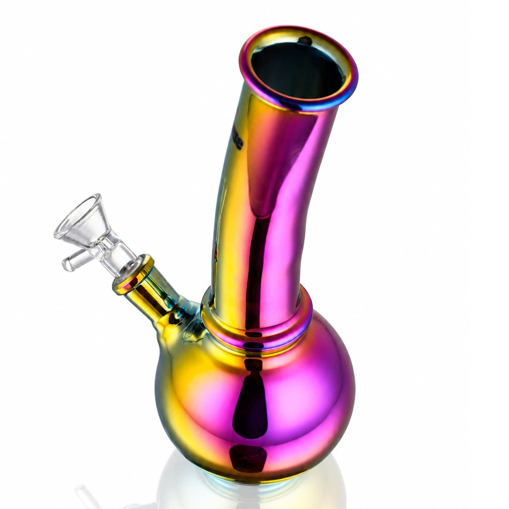 Purple chrome mini bent bubble bong photographed from a high angle, showing the mouthpiece