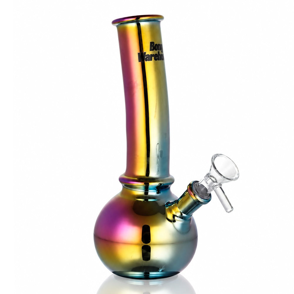 Close-up of the 14mm glass bowl and downstem on the purple chrome mini bent bubble bong
