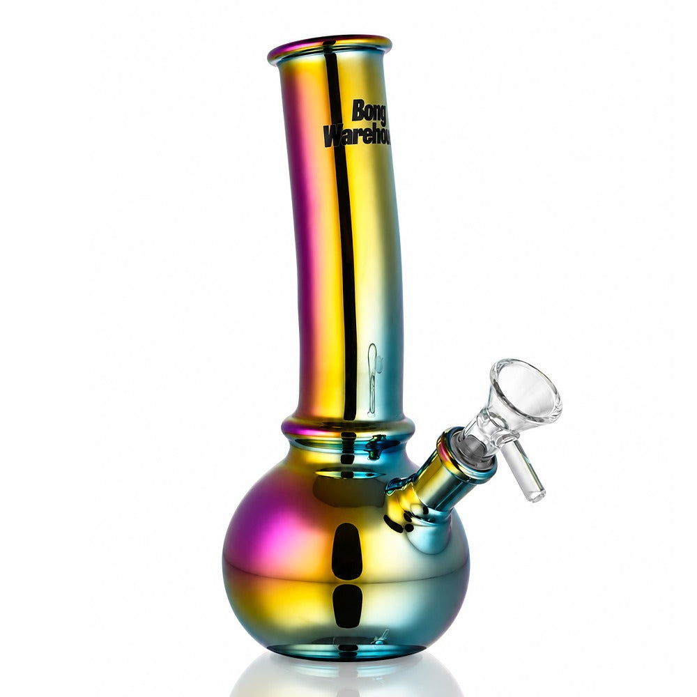 20cm mini bent bubble glass bong in purple chrome, front angled view with glass bowl