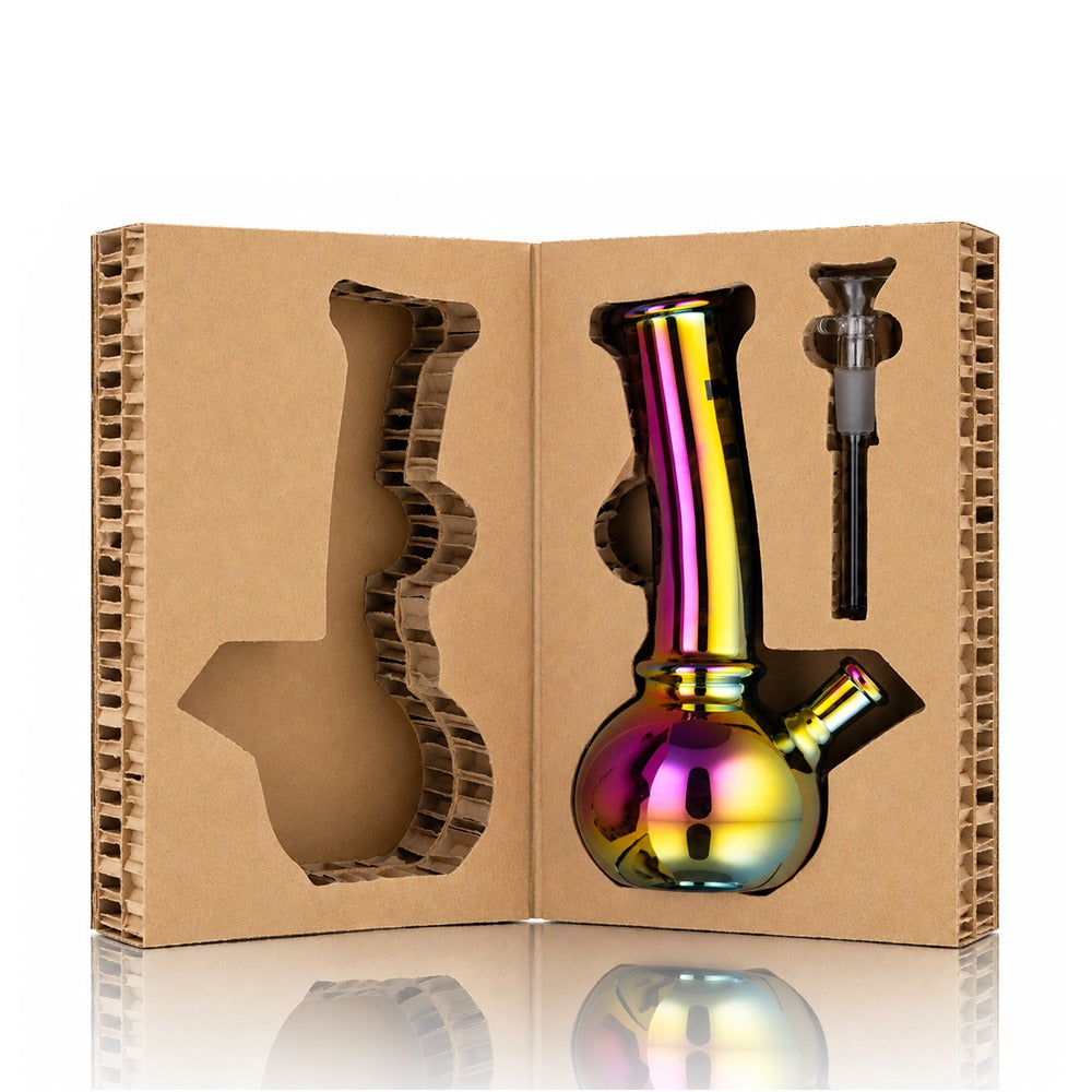 Purple chrome Mini Bent Bubble 20cm glass bong in its open box with the bowl and downstem in the moulded cardboard insert