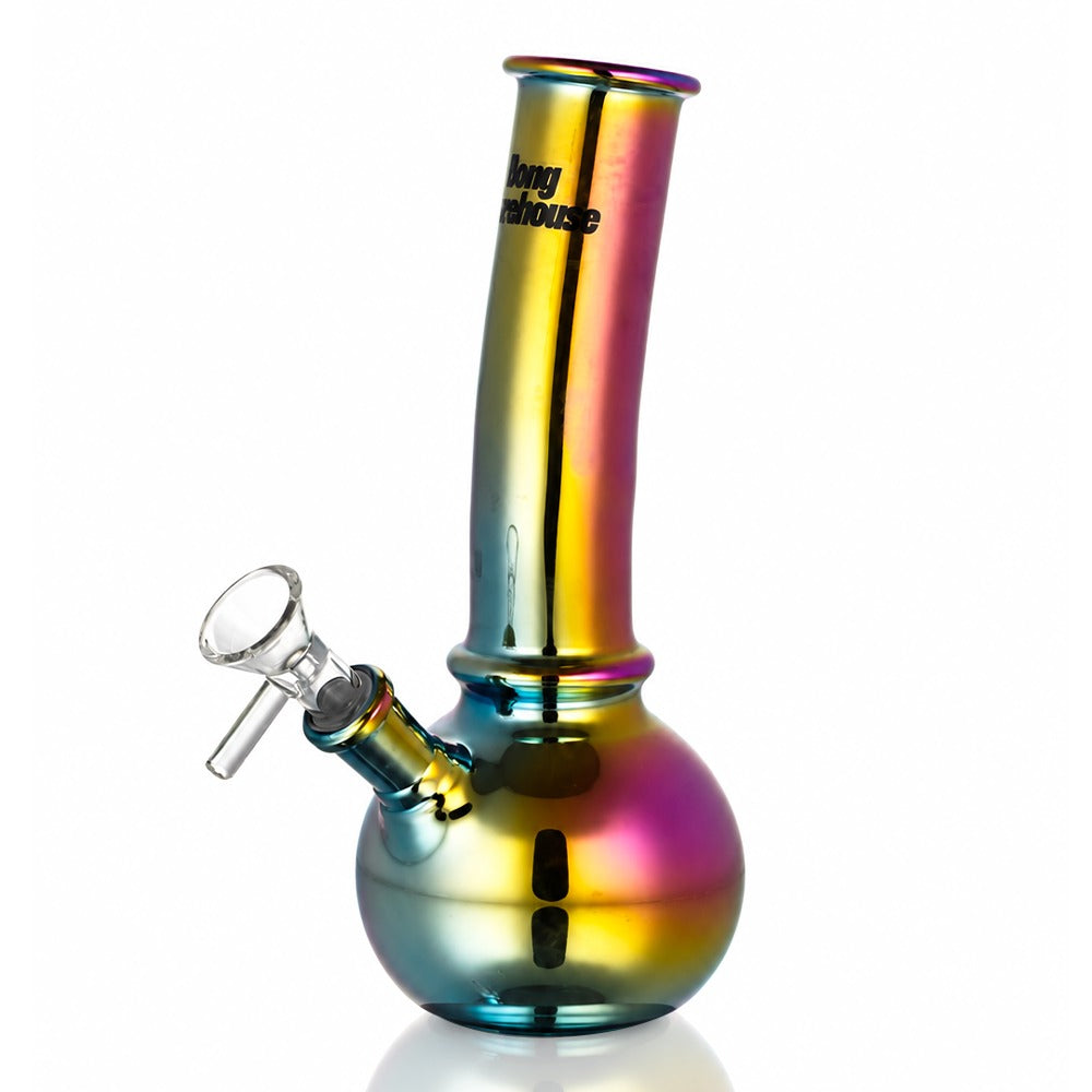 Purple chrome mini bent bubble glass bong, right side view showing the bent neck