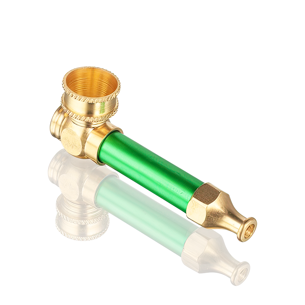 Side Top view of BW 5cm green metal dry pipe with gold finish