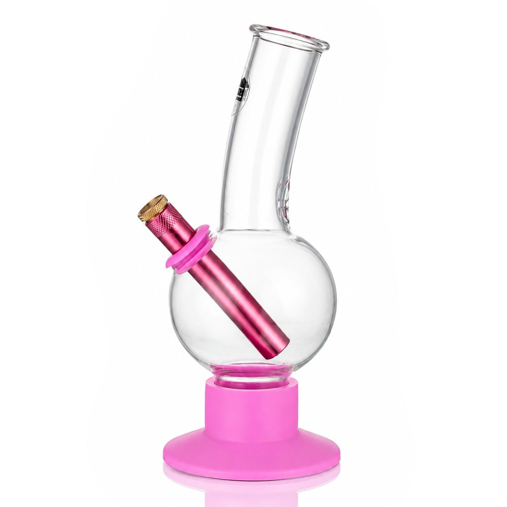 23cm tall bubble glass bong in pink, angled right view showing the bubble chamber