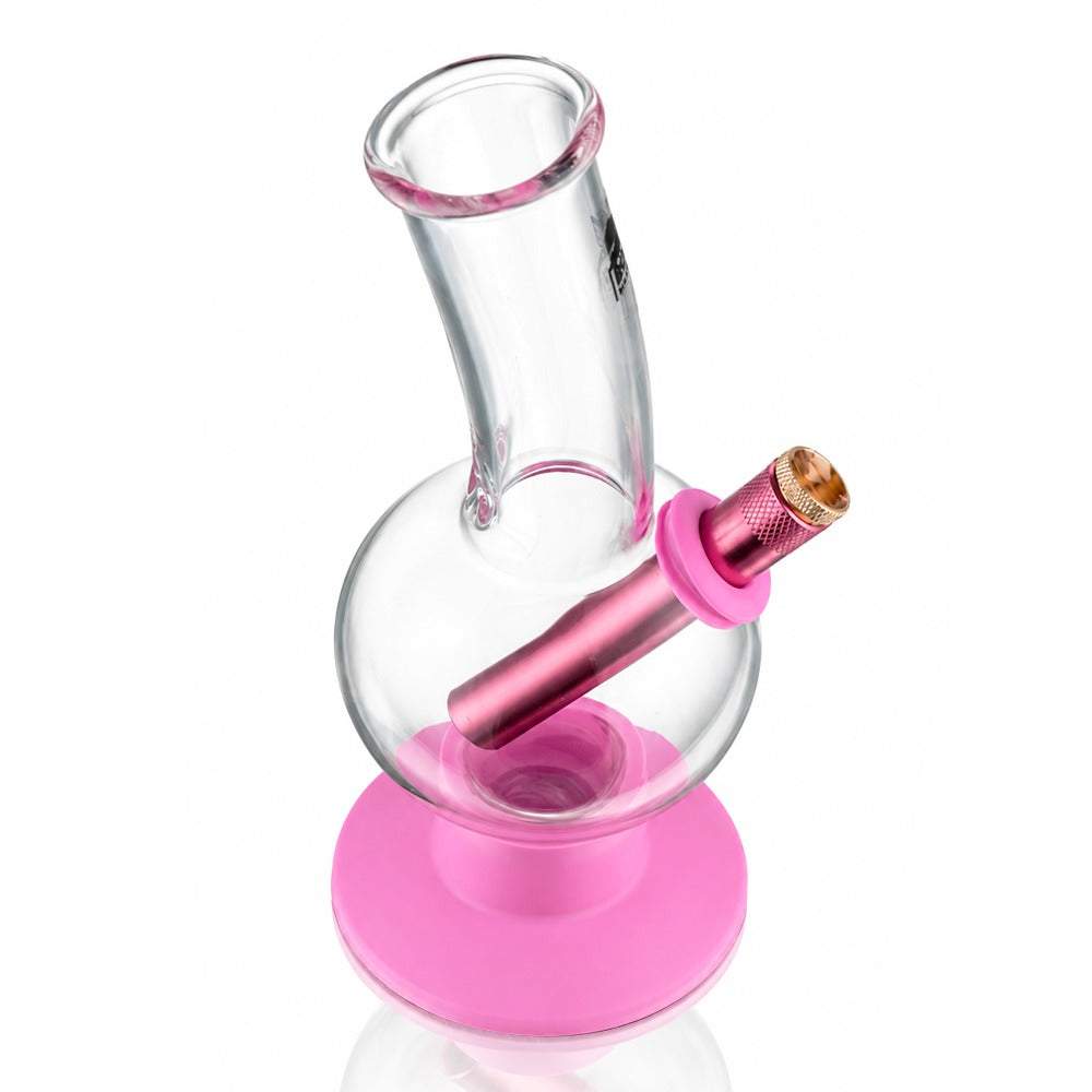 Pink 23cm tall bubble glass bong photographed from a high angle, showing the mouthpiece