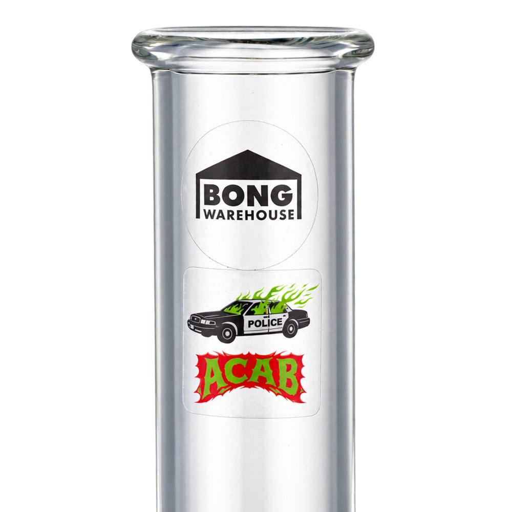 Bong Warehouse logo and police car sticker on the neck of the black tall bubble glass bong