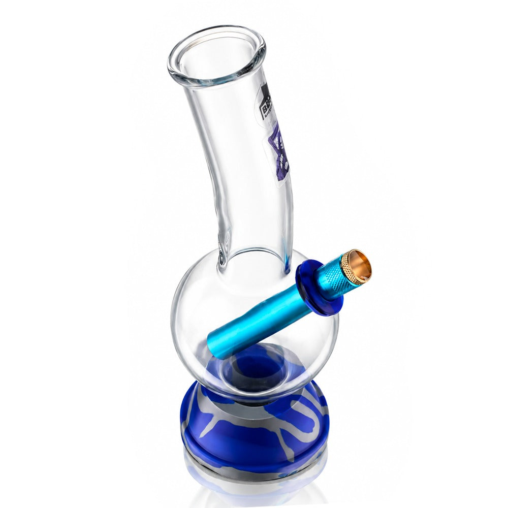 Blue 25cm tall bubble glass bong photographed from a high angle, showing the mouthpiece