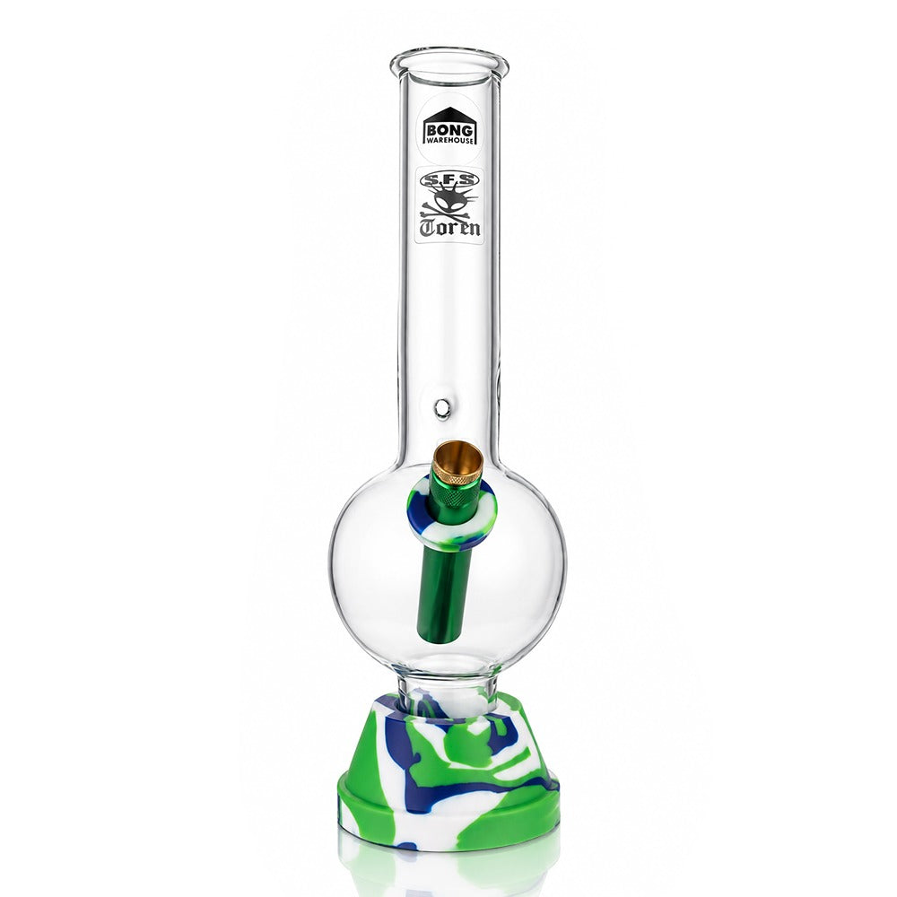 Green 25cm tall bubble glass bong, front view with the sticker artwork on the neck