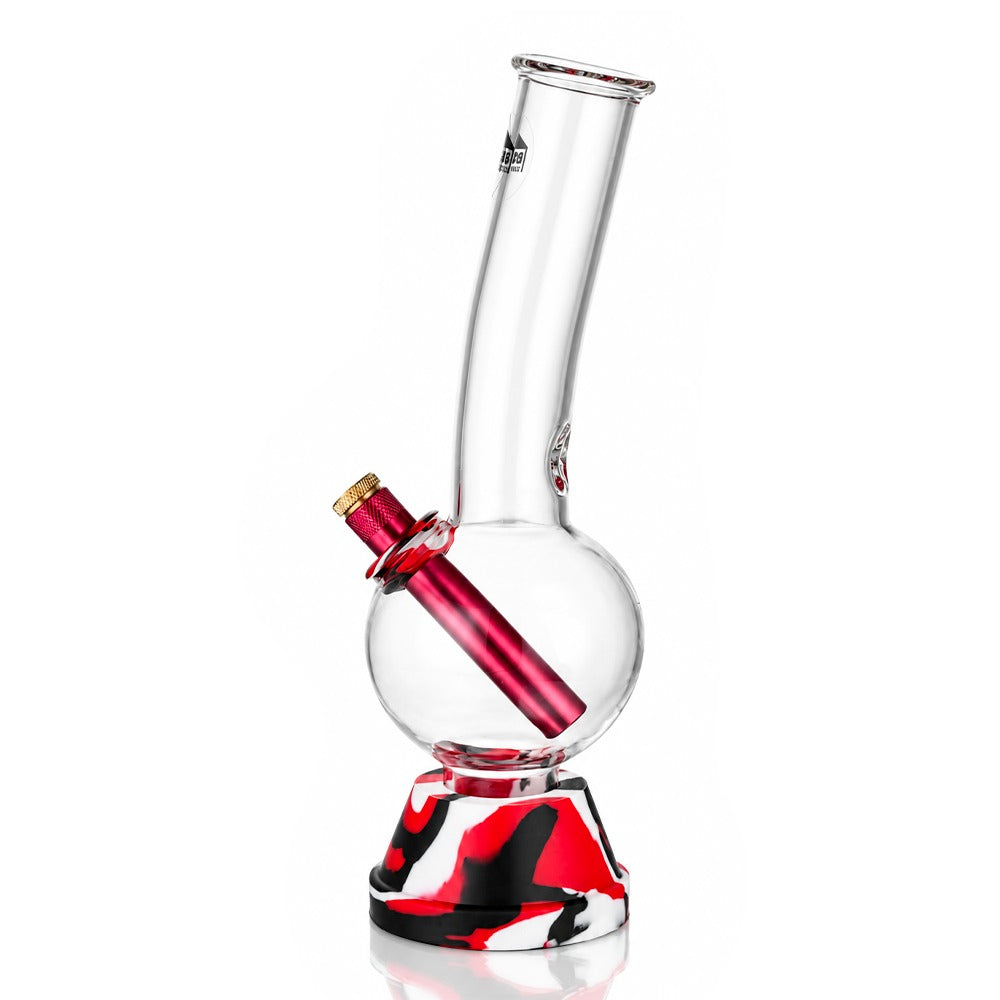 Red 25cm tall bubble glass bong, front angled view with brass cone piece