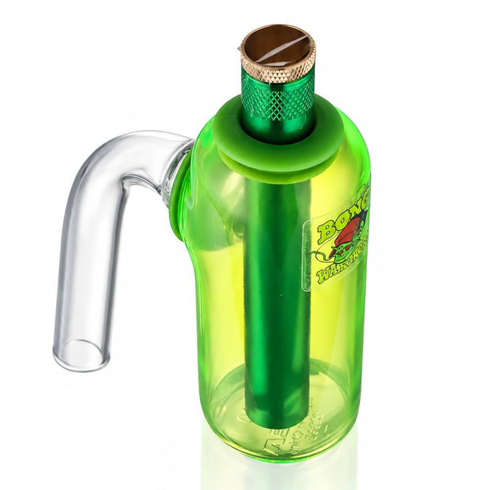 Close-up of the neon green tube ash catcher and its screw-top cap