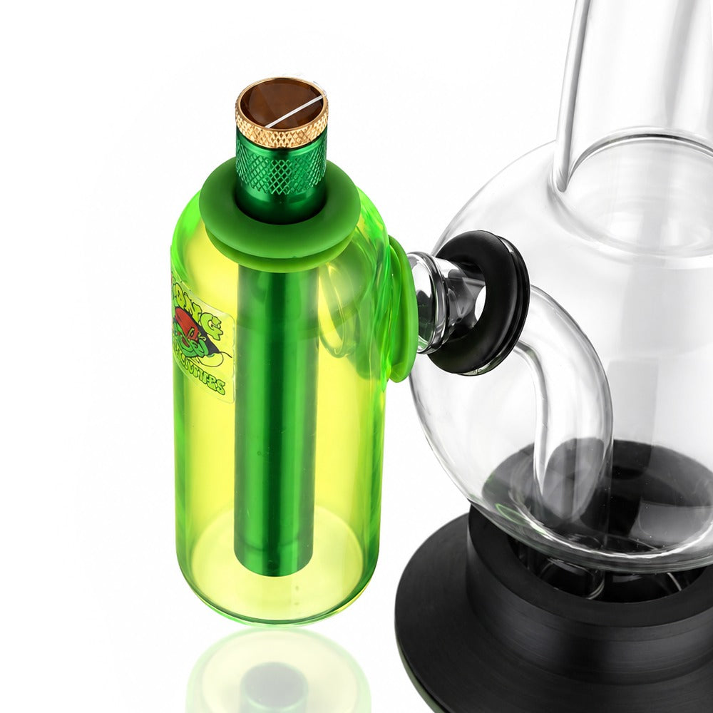 Close-up of the 15mm tube connecting the neon green ash catcher to the bong grommet