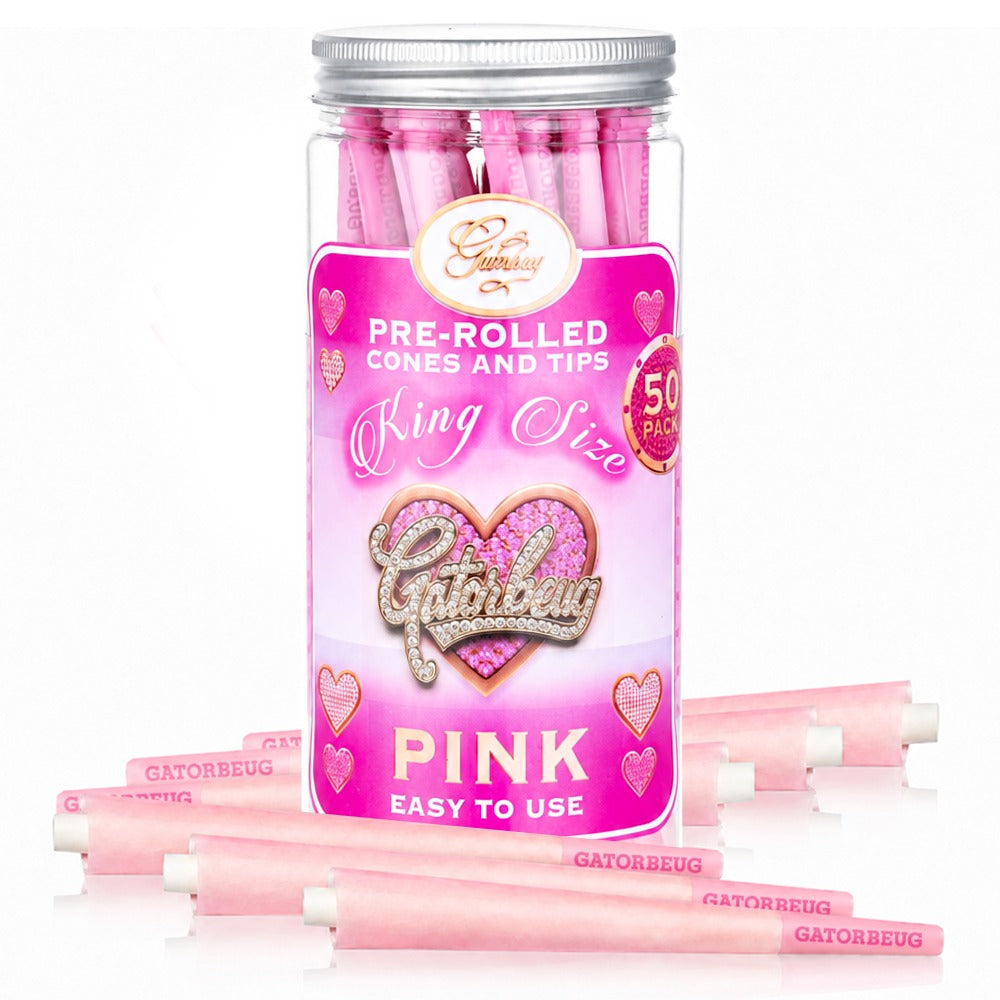 Gatorbeug King Size Pre-Rolled Cones 50 Pack – Bling Hearts Pink, lifestyle shot with jar and pink cones scattered on white background