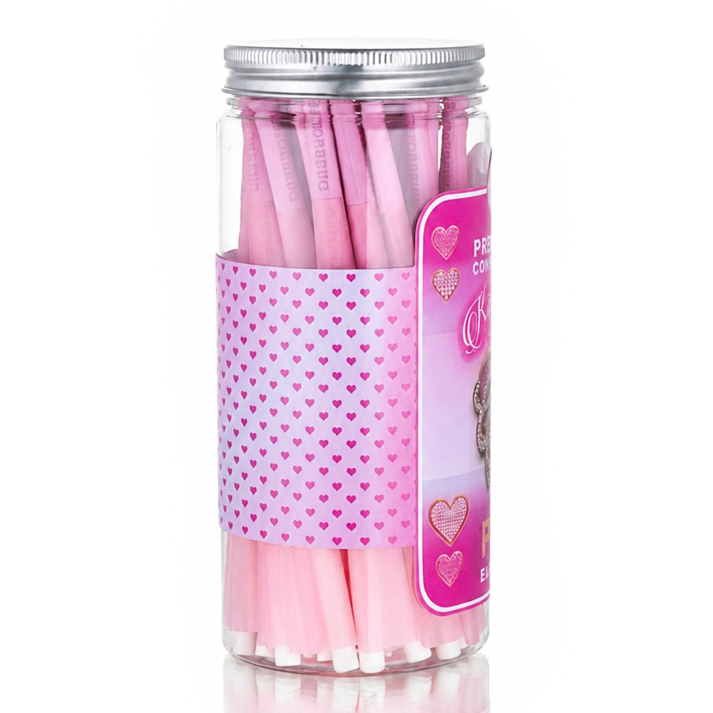 Gatorbeug King Size Pre-Rolled Cones 50 Pack – Bling Hearts Pink, side view, clear jar with pink cones and heart-patterned label