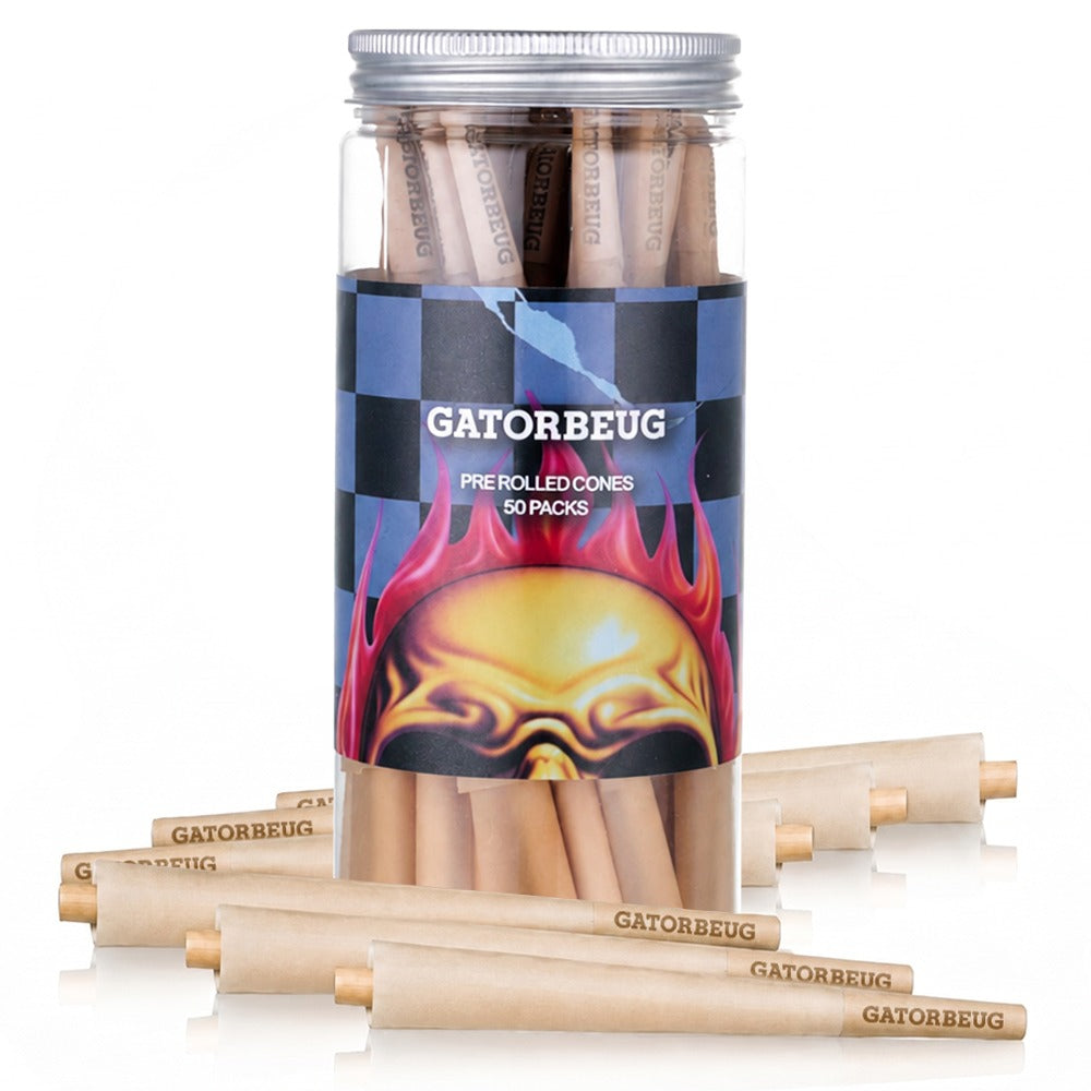 Gatorbeug King Size Pre-Rolled Cones 50 Pack – Flaming Skull Natural, clear jar with natural unbleached cones and flaming skull label, lifestyle shot