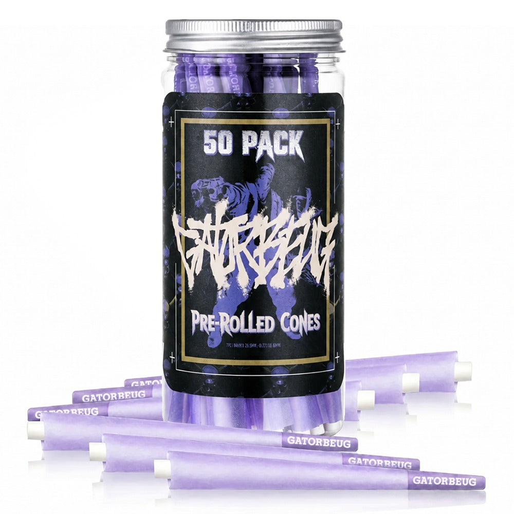 Gatorbeug King Size Pre-Rolled Cones 50 Pack – Graffiti Tiger Purple, lifestyle shot with jar and purple cones scattered on white background