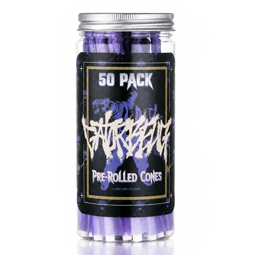 Gatorbeug King Size Pre-Rolled Cones 50 Pack – Graffiti Tiger Purple, clear jar with purple cones and black graffiti tiger label