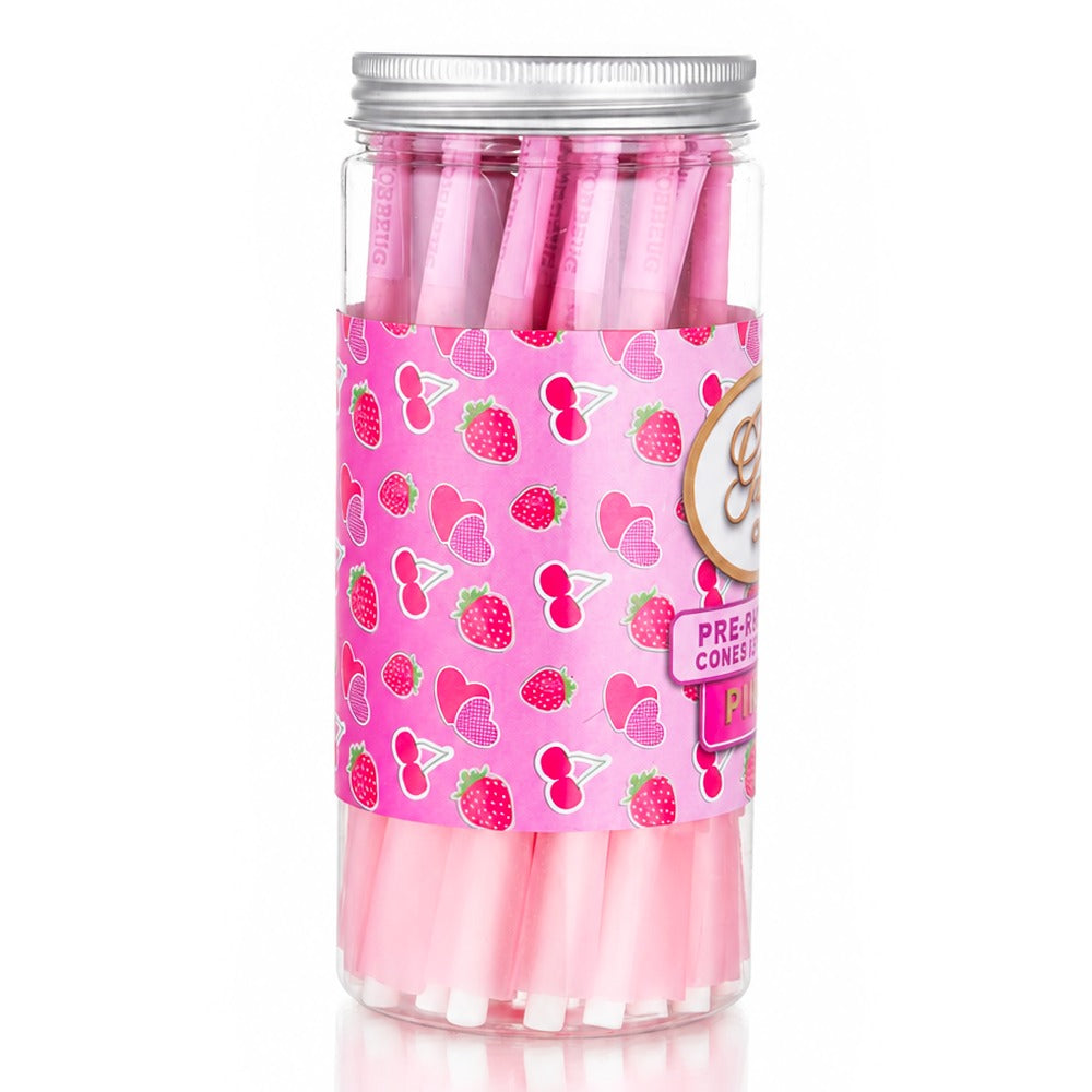 Gatorbeug King Size Pre-Rolled Cones 50 Pack – Strawberry Pink, back view, clear jar with pink cones and strawberry-cherry pattern label