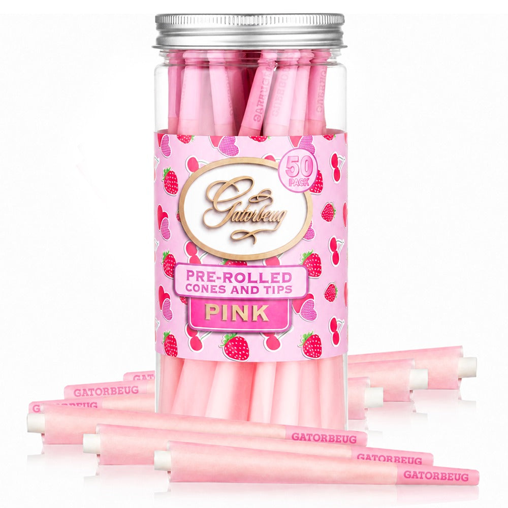 Gatorbeug King Size Pre-Rolled Cones 50 Pack – Strawberry Pink, lifestyle shot with jar and pink cones scattered on white background
