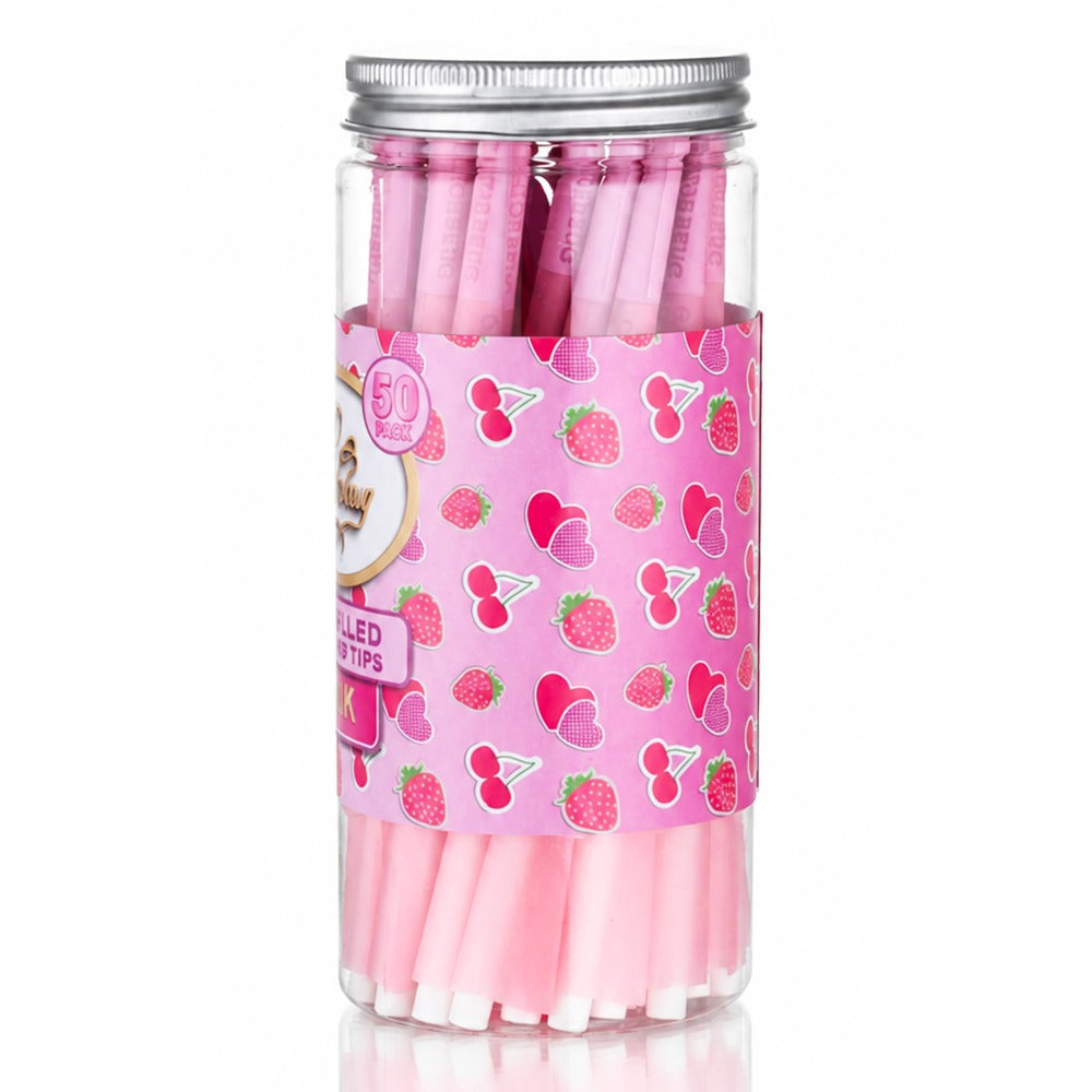 Gatorbeug King Size Pre-Rolled Cones 50 Pack – Strawberry Pink, side view, clear jar with pink cones and strawberry-cherry pattern label
