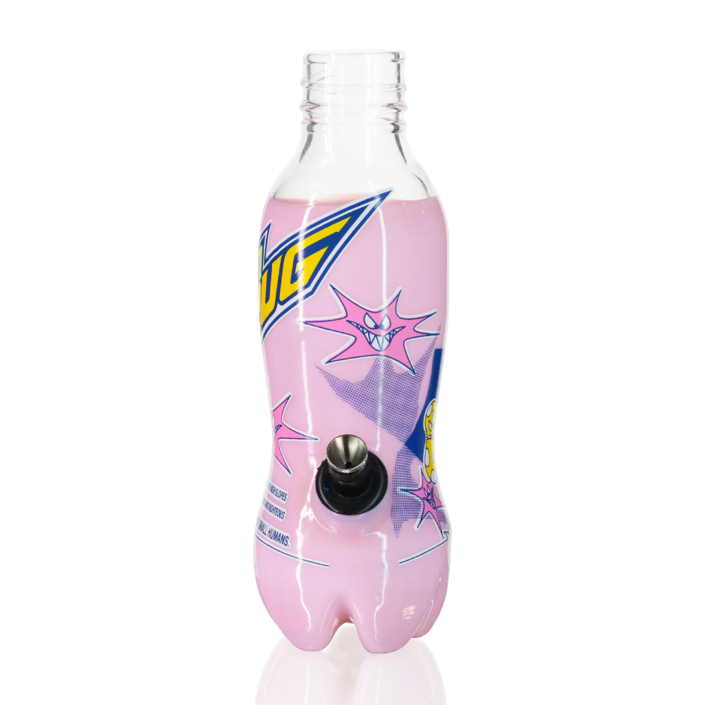 Gatorbeug MTN Beug 23cm glass bottle bong in pink, side view showing metal stem