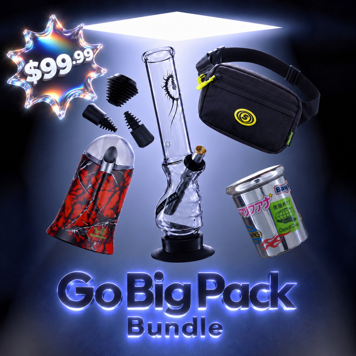 Bong Warehouse Go Big Pack Bundle for $99.99 with 33cm gripper glass bong, electric grinder, smell-proof bag, chrome stash jar and cleaning plugs