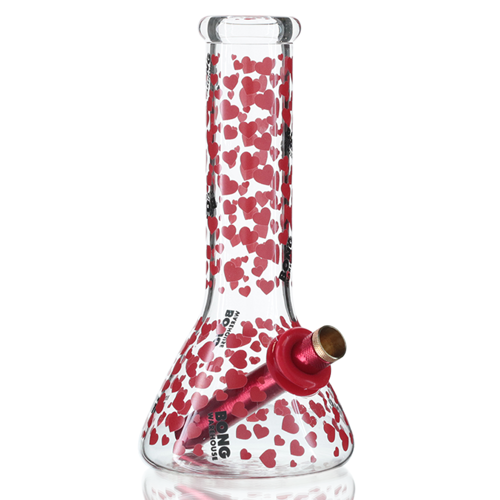 Mini beaker glass bong 20cm with red love hearts, included in the Pretty in Pink Pack Bundle