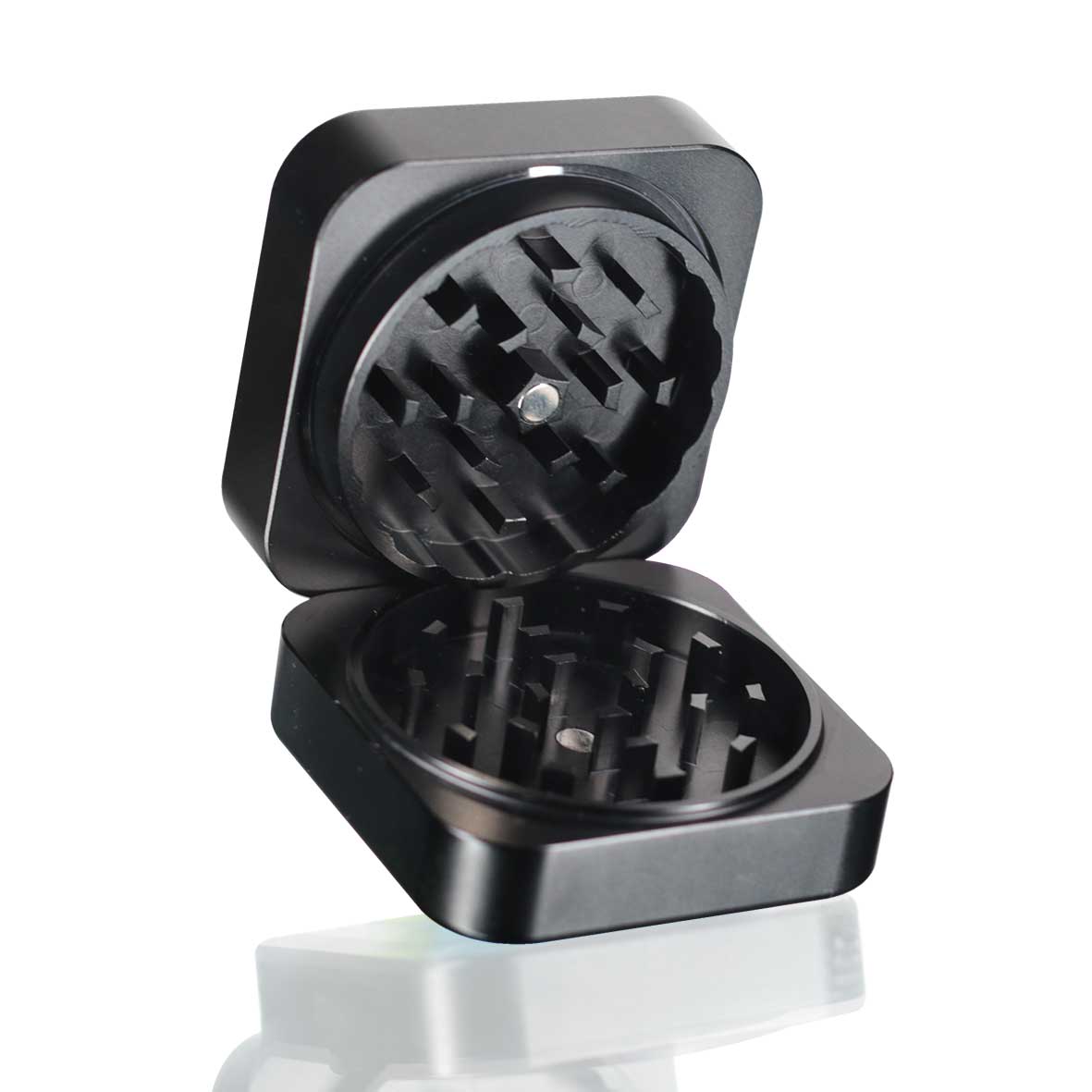 Square Stainless Steel Metal Herb Grinder - Black open 2