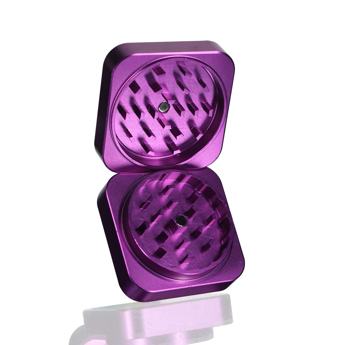 Square Stainless Steel Metal Herb Grinder - Purple open 2