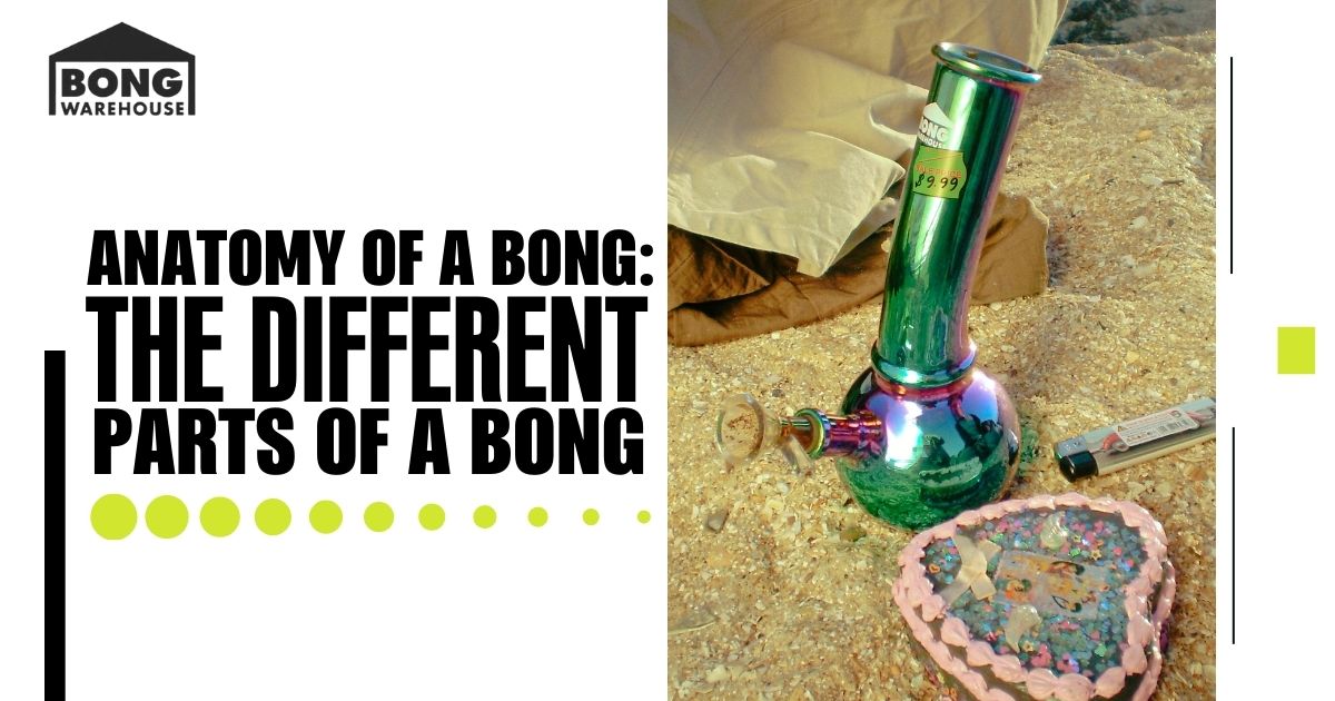 A colorful bong on sandy ground, with text: Anatomy of a Bong - Parts Guide.