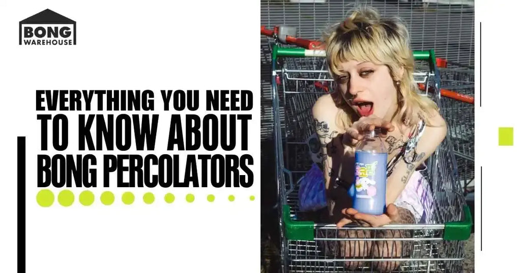 Stylish individual in a shopping cart promoting 'Everything You Need to Know About Bong Percolators