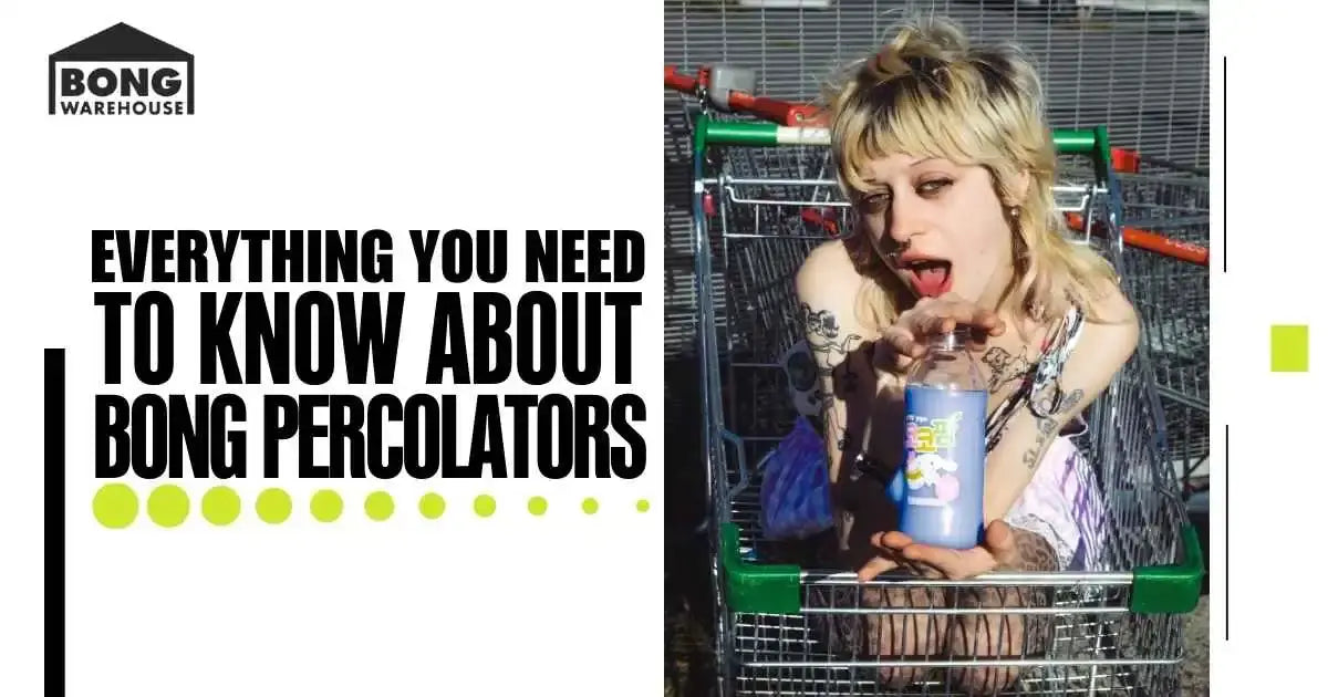 Stylish individual in a shopping cart promoting 'Everything You Need to Know About Bong Percolators